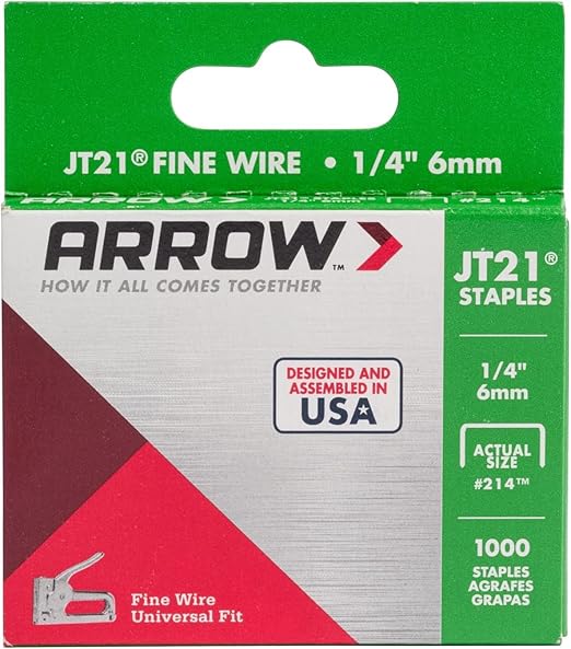 Arrow 214 JT21 Thin Wire Staples for Staple Guns and Staplers, Use for Upholstery, Crafts, General Repairs, 1/4-Inch Leg Length, 7/16-Inch Crown Width, 1000-Pack, Grey