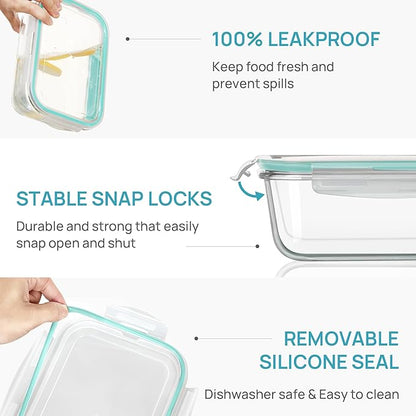 Vtopmart 2Pack 1860ml/63oz Large Glass Containers Food Storage with Lids, Meal Prep Food Container Set with Snap Airtight Lid for Baking, Microwave, Oven, Leak Proof, for Freezer, Dishwasher, Green