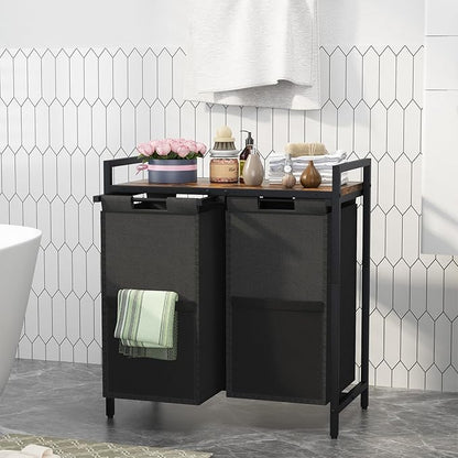 Laundry Hamper, double Laundry Basket, Laundry Sorter with Top Shelf & 2 Removable Washable Bags & Side Pockets for Laundry Room organization, Bathroom and Dorm, Rustic Brown and Black