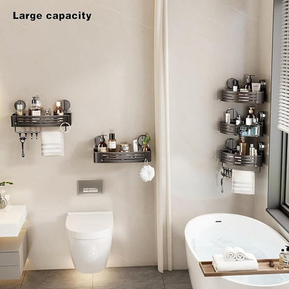 VOLPONE Shower Caddy Suction Cup No Drilling Suction Cup Shower Shelf Heavy Duty Bathroom Shower Organizer Storage Rack Adhesive with Towel Bar Hooks (1-Pack, Matte Gray)