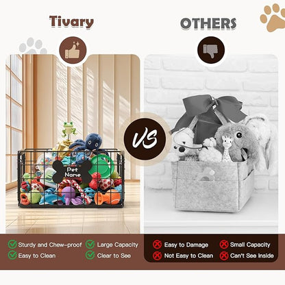 Dog Toy Basket, Chew-Proof Metal Dog Toy Bin with Handles, Pet Stuff Storage Organizer Box for Dogs with Marker Pen, Portable & Foldable Puppy Toys Basket for Living Room, 15''×10.63''×8.27''