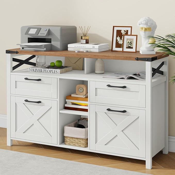 Vabches Farmhouse Filing Cabinet with Adjustable Shelf for Home Office, Lateral File Cabinets 4 Drawers with Open Storage Shelf, Filing Organization Storage Cabinets for Hanging Files Letter/A4