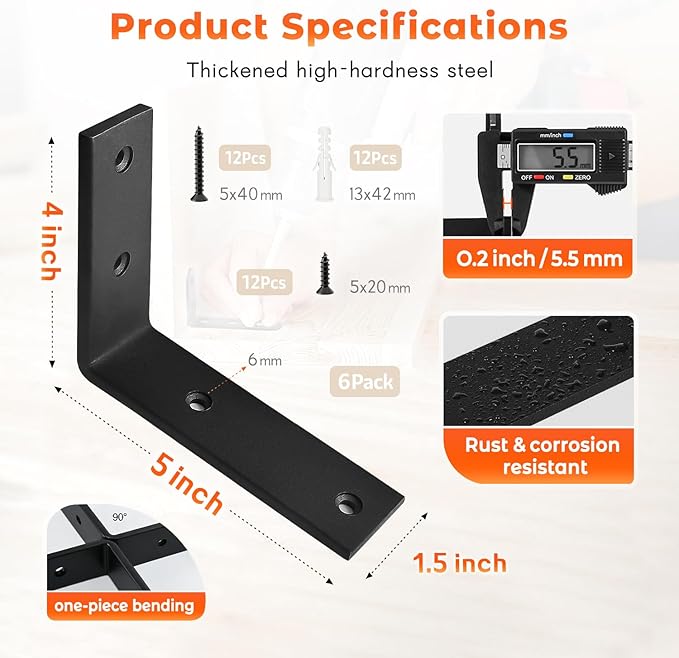 WINKER Shelf Bracket 6 Pack 5" Lx4 Hx1.5 W 5mm Thick Heavy Duty Black 5 Inch Metal Iron L Brackets for Wall Shelves