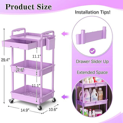 3 Tier Rolling Cart Organizer with Drawer, Bathroom Storage Carts with Wheels & Plastic Shelf, Mobile Storage Organizers for Kitchen, Office, Laundry Room, Baby, Snack, Craft, Makeup, Purple