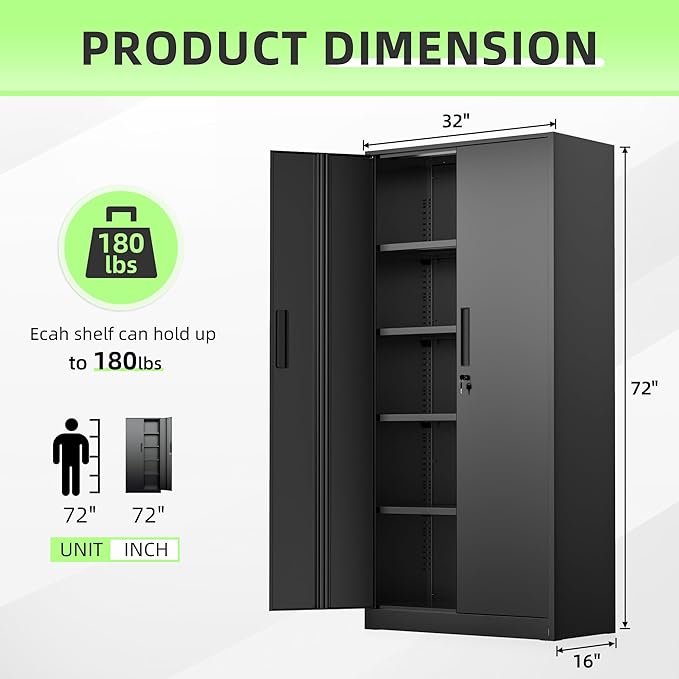 Bonusall 72" Storage Cabinet,2 Locking Doors & 4 Adjustable Shelves,Tall Cabinets,Heavy Duty Steel Cabinet for Home, Office, Warehouse, School (Black)