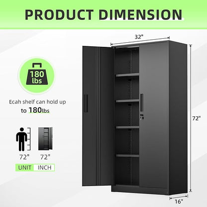 Bonusall 72" Storage Cabinet,2 Locking Doors & 4 Adjustable Shelves,Tall Cabinets,Heavy Duty Steel Cabinet for Home, Office, Warehouse, School (Black)