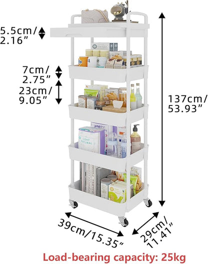 Calmootey 5-Tier Rolling Utility Cart with Drawer,Multifunctional Storage Organizer with Plastic Shelf & Metal Wheels,Storage Cart for Kitchen,Bathroom,Living Room,Office,White
