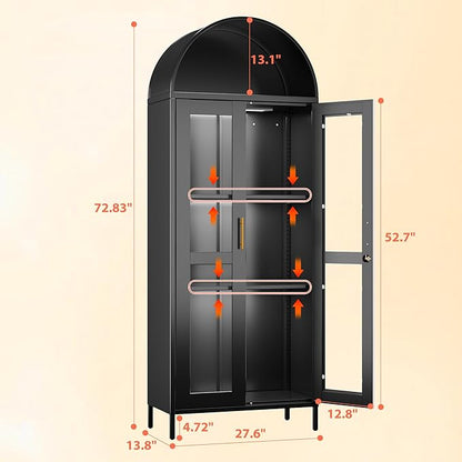72.83'' H Metal Arched Cabinet with Glass Door,Arched Display Cabinet with LED Strip,Lockable Door and 2 Adjustable Shelves for Home Office,Assembly Required, Black