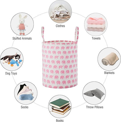 Large Storage Basket for Girls and Boys, Collapsible Laundry Hamper with Long Handles, Toy Bins for Nursery, Kids Room Décor Pink Elephant
