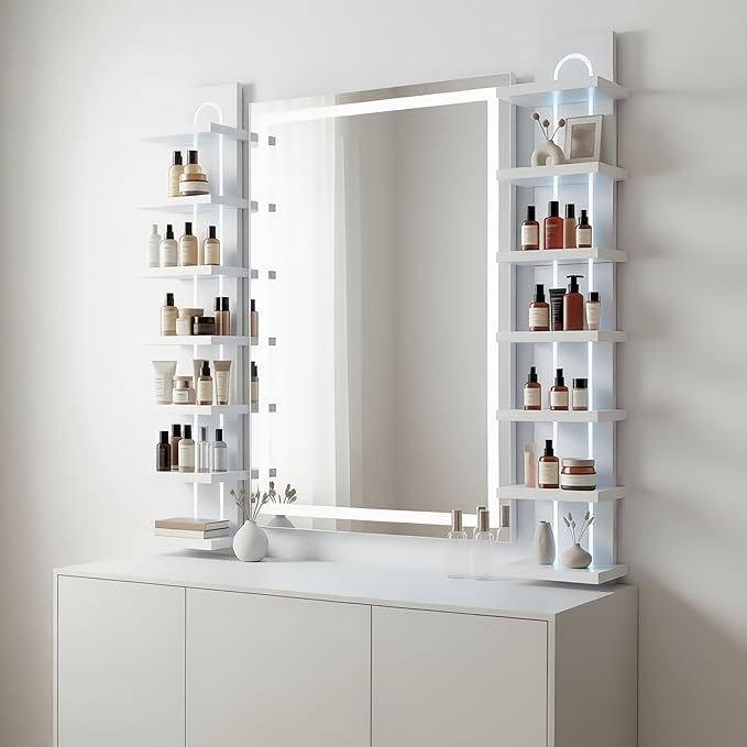 7 Tier Wall Shelf Unit with Light-Small Floating Shelves for Home Decor, Modern Unique Asymmetric Design for Bedroom & Living Room Storage