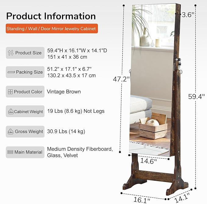 GISSAR Jewelry Organizer Full Length Mirror Jewelry Cabinet Standing/Wall Mounted Jewelry Armoire Storage with Lights Lockable, Vintage Brown