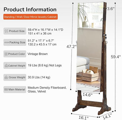 GISSAR Jewelry Organizer Full Length Mirror Jewelry Cabinet Standing/Wall Mounted Jewelry Armoire Storage with Lights Lockable, Vintage Brown