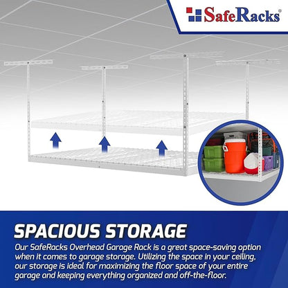 SafeRacks Overhead Garage Storage Rack - Heavy Duty Racks for Garage with 400 lb Capacity, Easy Garage Shelving, Adjustable Storage Rack, Ceiling Mount Storage Shelves 3x6 White (12"-21")