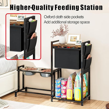 Elevated Dog Bowl with Toy Bin Basket Adjustable Raised Feeding Station Cabinet with 2 Stainless Steel Bowl Pet Storage Organizer for Small Medium Large Dogs and Cats with Non-Slip Mats