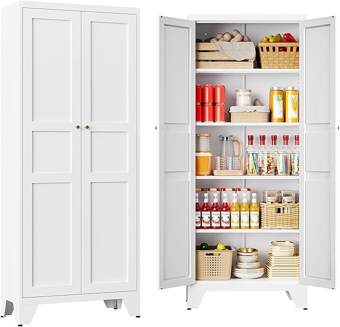 72" Tall Kitchen Cabinet Storage Unit With 2 Doors and 4 Adjustable Shelve, Metal White Freestanding Cupboard, 5 Tier Kitchen Pantry Storage Cabinet for Kitchen Dining/Living Room/Garage/Home/Office