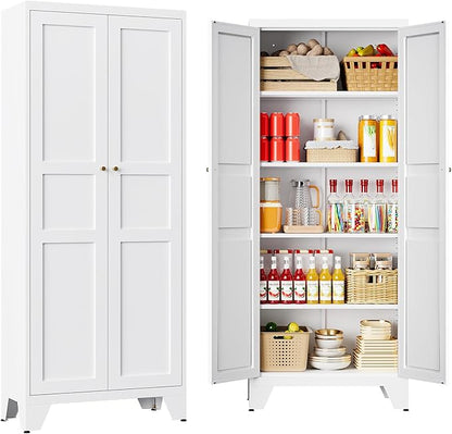 71" Tall Kitchen Cabinet Storage Unit With 2 Doors and 4 Adjustable Shelve, Metal White Freestanding Cupboard, 5 Tier Kitchen Pantry Storage Cabinet for Kitchen Dining/Living Room/Garage/Home/Office