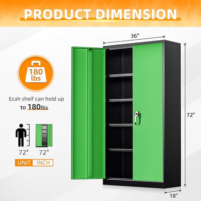 INTERGREAT Metal Lockable Storage Cabinet, 72” H Storage Cabinet with 2 Doors and 4 Adjustable Shelves for Office, Home, Garage, Pantry (Assembly Required, 18”D, Black Green)