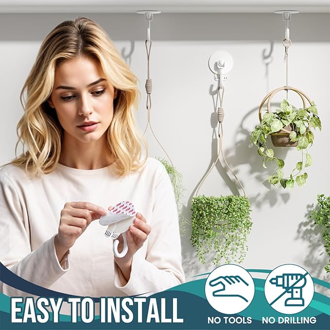 TAILI Adhesive Removable Wall & Ceiling Hooks for Hanging Plants, Heavy Duty No-Drill 360° Swivel Adjustable Sticky Wall Hooks Hanging Decor Lights Garland for Door Kitchen, Renter Friendly - 6 Pack