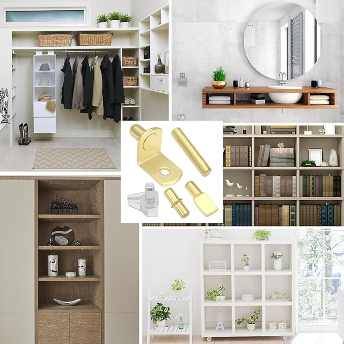 112 Pcs 5 Styles Shelf Nail kit, Metal Nickel Plated Shelf Support pin, Silicone Cover, Suitable for Kitchen Cabinet, Bookcase Support pin and pin (Gold)