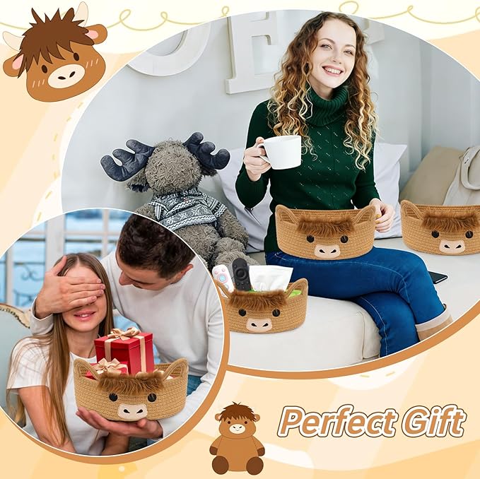 3 Pcs Oval Highland Cute Cow Basket for Nursery, Small Woven Rope Gift Basket, Soft Cotton Decorative Storage for Gifts Empty, Baby Shower Blanket 0rganizer Shelves Towel Bins, 12" D x 5" H