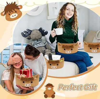 3 Pcs Oval Highland Cute Cow Basket for Nursery, Small Woven Rope Gift Basket, Soft Cotton Decorative Storage for Gifts Empty, Baby Shower Blanket 0rganizer Shelves Towel Bins, 12" D x 5" H