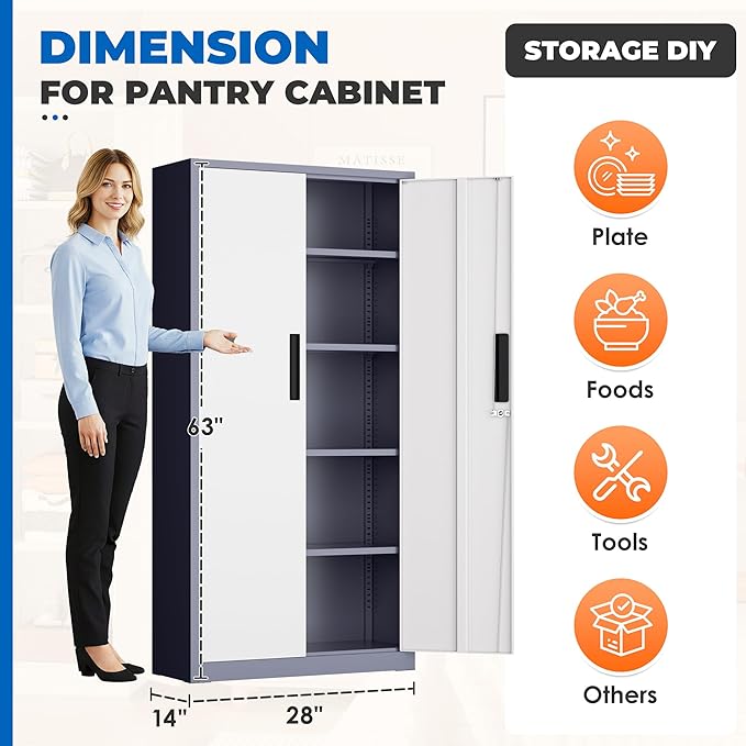 INTERGRAET 63" Pantry Cabinet, Kitchen Pantry Storage Cabinets with 2 Doors and 4 Shelves,Gray White Metal Storage Cabinet,Cupboard for Home,Kitchen,Living Room/Dining