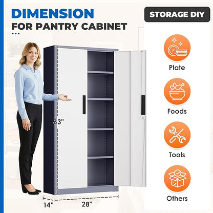 INTERGRAET 63" Pantry Cabinet, Kitchen Pantry Storage Cabinets with 2 Doors and 4 Shelves,Gray White Metal Storage Cabinet,Cupboard for Home,Kitchen,Living Room/Dining