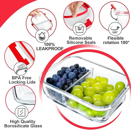 VERONES 10 Pack Glass Meal Prep Containers 2 Compartment Set, 30 OZ Airtight Glass Lunch Containers, Food Storage Containers with Lids, for Microwave, Oven, Freezer & Dishwasher Friendly，Red