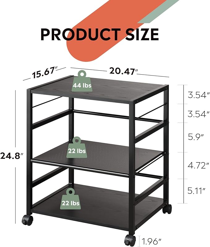 DEVAISE Mobile 3-Shelf Printer Stand with Adjustable Shelves, Modern Printer Cart with Large Storage Space, Printer Stand for Home Office, Black