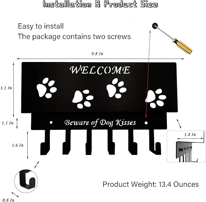 Dog Leash Holder for Wall, Storage and Mail Organizer, Key Holder Wall Mount With 6 Hooks - Leash, Stuff, Key, Letter, Sunglasses Organizer for Entryway, Farmhouse