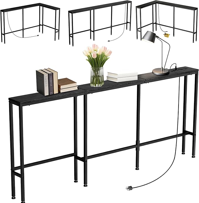 78" Narrow Console Sofa Table with Power Outlets & 2 USB Ports, L Shaped Behind Couch Table Skinny, 3 Assembly Options Entryway Tables with Charging Station for Living Room, Hallway, Black, 78IN