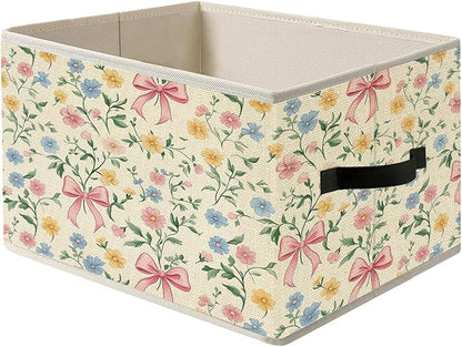 Coquette Pink Bow Floral Storage Bin Box with Handles, Rustic Colorful Flower Botanical Foldable Organizer Basket Toybox for Girls Room Dorm Bedroom Bathroom Clothes Toys Books