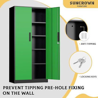 SUNCROWN 72" Metal Storage Cabinet - Heavy-Duty Metal Garage Cabinet with 4 Adjustable Shelves & 2 Doors for Tools, Office, Home, Workshop,Black & Green-Small