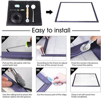Windows Screen and Screen Door Repair Kit, 48"x118" Charcoal Fiberglass Mesh with Rolling Tool/Hook/Ruler/Cutter/Spline - Window Screen & Sliding Screen Door Replacement for Windows, TOOLTRIZ