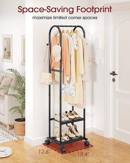 Clothes Rack - Space-Saving Clothing Rack with Wheels, 2-Tier Dense Mesh Shoe Shelves & 4 Hooks, Garment Rack for Bedroom, Entryway, Closet, 18.4" x 12.6" x 72", Black