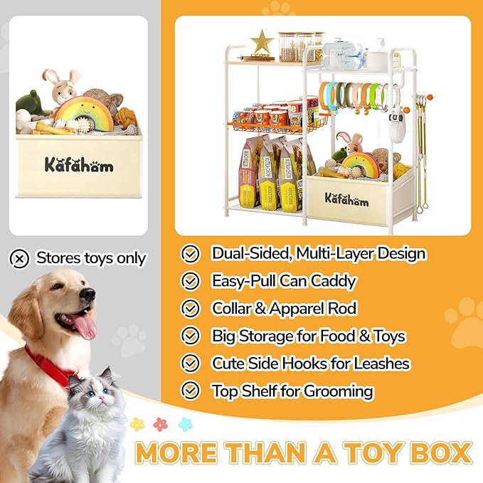 KAFAHOM Dog Toy Bin, Multi-Functional Dog Toy Basket with Collar Rod & Can Dispenser, Puppy Essentials Shelf, Dog Stuff Box, Perfect Basket for Dog Toys in Living Room, Great Gift for Pet Lovers