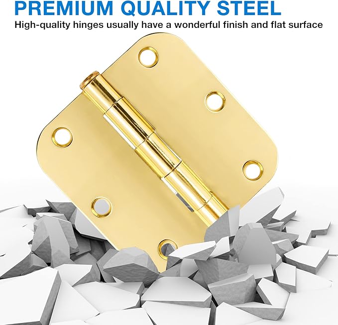 18 Pack Door Hinges for Doors Interior 3 1/2 Door Hinges 3.5 Inch 5/8" Radius Rounded Polished Brass Hinges Bright Gold Bedroom Bathroom Office Hallway Indoor Standard Residential Door Hinge Yellow