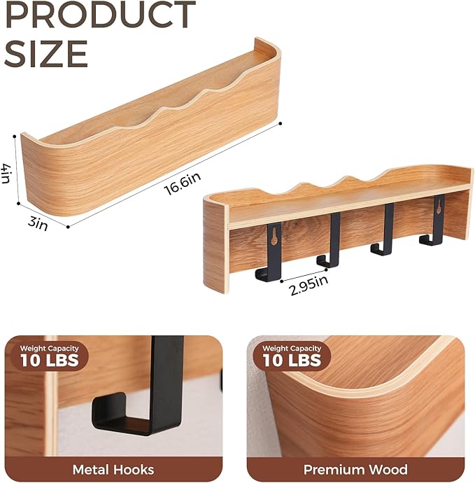Wall Coat Rack Floating Shelves Modern Coat Rack Wall Mount with Storage Entryway Shelf Wooden Hanger 20 Inch 4 Hidden Metal Hooks for Living Room Bedroom (Wavy Oak, 4 Hooks)