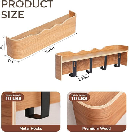 Wall Coat Rack Floating Shelves Modern Coat Rack Wall Mount with Storage Entryway Shelf Wooden Hanger 20 Inch 4 Hidden Metal Hooks for Living Room Bedroom (Wavy Oak, 4 Hooks)