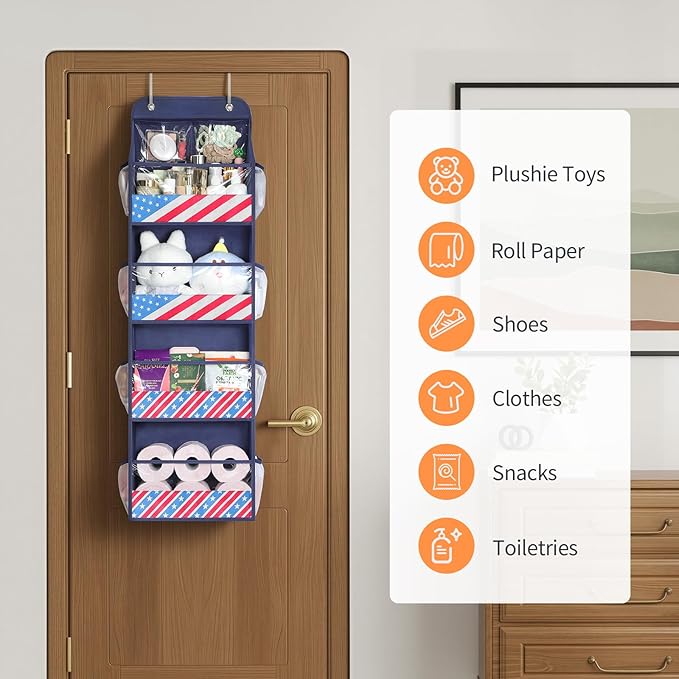 Yecaye 5 Tier Over the Door Organizer, Swing-proof Door Organizer Hanging with Clear PVC Windows, Behind the Door Storage for Bedroom Nursery Closet Laundry Pantry Bathroom, Navy Blue