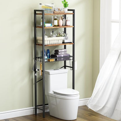 Over-The-Toilet Storage Rack, 4-Tier Bathroom Organizer Shelf Over Toilet with Adjustable Shelf and Basket, Freestanding Space Saver Bathroom Shelves Above Toilet for Room (Vintage Brown)