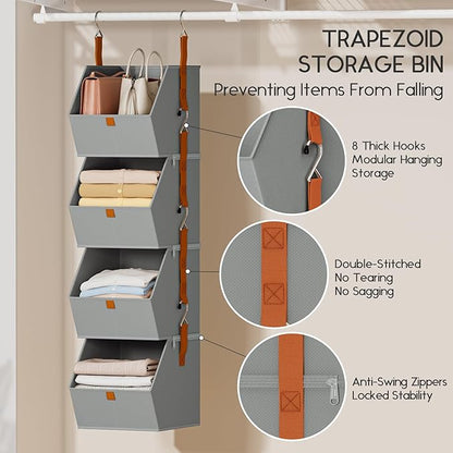 Hanging Closet Organizer 4 Tier - Clothes Hanging Shelves, Space-Saving Closet System, Fabric Storage Bins Bedroom Organization, Collapsible Baskets for Home, Dorm, Rv, Grey, 8 Pack