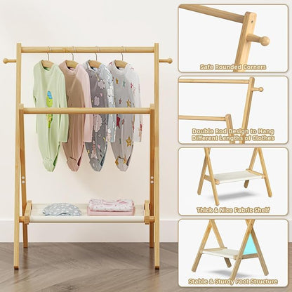 Baby Clothing Rack for Baby Shower Pets Dolls, Baby Clothes Rack with Storage Shelf & Double Rods, Toddler Clothes Rack, Mini Closet Baby Shower Rack (Natural)