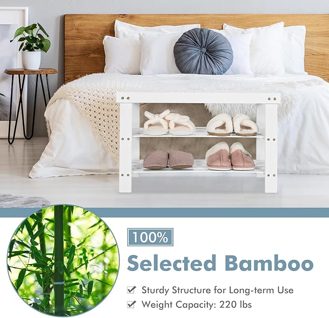 COSTWAY Bamboo Shoe Rack Bench 3-Tier Free Standing Wood Shoe Storage Organizer Shelf Holder Home Entryway Hallway Furniture Eco-Friendly (White)