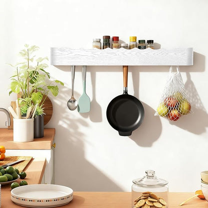 Wall Coat Rack Floating Shelves Modern Coat Rack Wall Mount with Storage Entryway Shelf Wooden Hanger 20 Inch 4 Hidden Metal Hooks for Living Room Bedroom (Wavy White, 8 Hooks)
