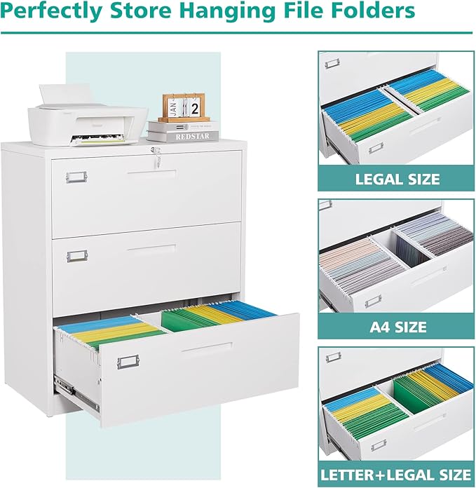 MIIIKO 3 Drawer Lateral File Cabinet with Lock, White Lateral Filing Cabinet, Large Deep Drawers Locked by Keys, Metal Storage File Cabinet for Hanging Files Letter/Legal/F4/A4 Size