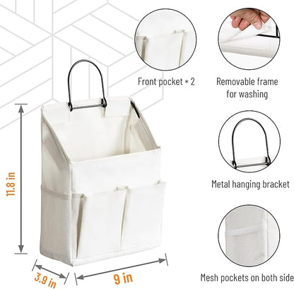 2pcs Wall Hanging Storage Bag, Small Door Closet Linen Fabric Pockets Organizer, Waterproof Multi Functional for Living Room Bedroom Bathroom Kitchen RV Camper with Hooks All White