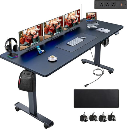 farexon Electric Standing Desk 71 x 28in with Charging Station, Rolling Stand up Desk with Large Mouse Pad, 3 USB Ports & 3 Power Outlets, Easy to Set Home Office Gaming Computer Table, Black