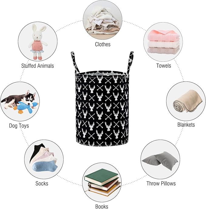 TECHMILLY Large Storage Basket for Girls and Boys, Collapsible Laundry Hamper with Long Handles, Toy Bins for Nursery, Kids Room Décor (Black Deer, 2 Pack)