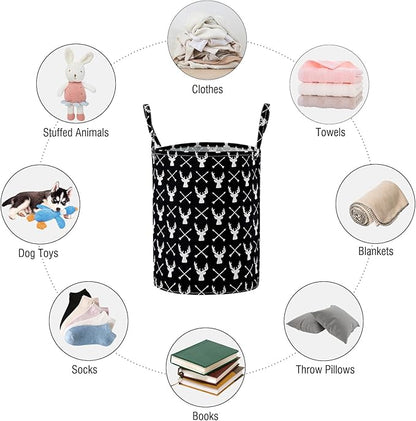 TECHMILLY Large Storage Basket for Girls and Boys, Collapsible Laundry Hamper with Long Handles, Toy Bins for Nursery, Kids Room Décor (Black Deer, 2 Pack)